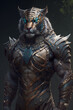 Portrait of Humanoid Tiger Beast Warrior. Fantasy Scenery Game Character, Tiger Soldier Role-playing game illustration. Generative AI