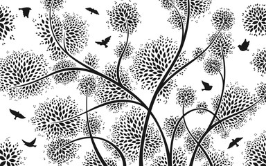 Flock of bird and tree branches silhouette pattern. Stylized shape flying birds wallpaper background. Decorative dove fowl tree twigs abstract decoration. Vintage monochrome nature drawing artwork