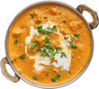 indian butter chicken curry in balti dish top down view and isolated with cream
