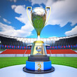 Germany, Offenbach/Main, 19.03.2022, 3D Illustration. A copy of the world championship trophy on the soccer stadium.