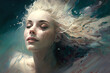 A beautiful woman with long hair artistic painting of her experiencing bliss, content and a dreamlike state, meditation under the water, amazing feeling, happiness and euphoria, portrait close up