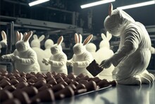 Bunch Of Chocolate Bunnies Sitting On Top Of A Table. Generative Ai.