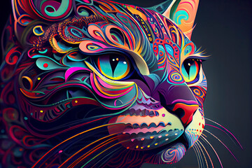 colorful cat pop art portrai, a colorful fish with black background