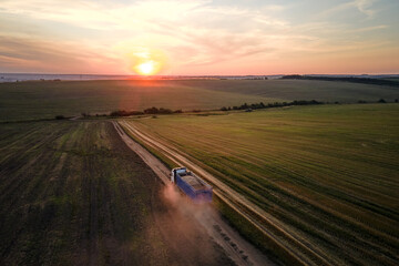 Wall Mural - Aerial view of cargo truck driving on dirt road between agricultural wheat fields making lot of dust. Transportation of grain after being harvested by combine harvester during harvesting season