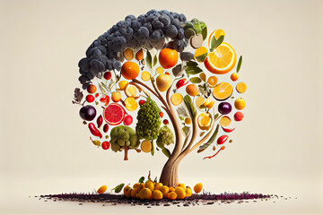 Tree with fruits and vegetables