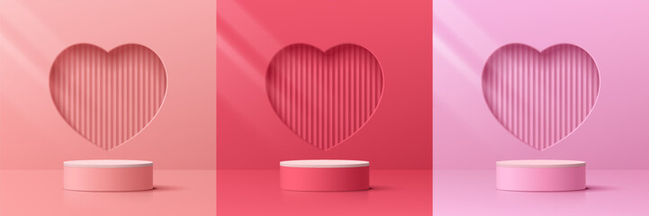 Wall Mural - set of 3d valentine day background with pink, red, white cylinder pedestal podium. papercut in windo