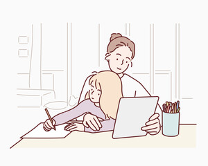 Wall Mural - young mother with child working on the computer from home. hand drawn style vector design illustrati