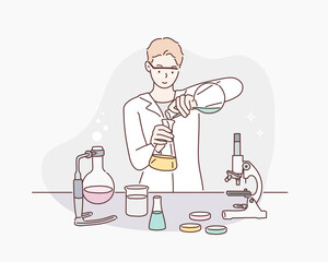 male scientist working in lab. hand drawn style vector design illustrations.
