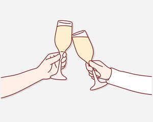 Two elegant champagne glasses. Hand drawn style vector design illustrations.