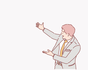 Wall Mural - Happy smiling young man presenting and showing your text or product isolated on white background. Hand drawn style vector design illustrations.