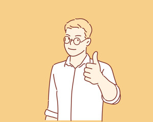Wall Mural - Smiling confident businessman tumbs up on yellow background. Hand drawn style vector design illustrations.