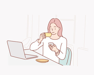Wall Mural - happy beautiful female worker holding hot coffee mug sitting in office and using mobile cell phone viewing online news relaxing. Hand drawn style vector design illustrations.