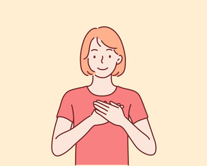 Touched positive woman with pleased expression keeps hands on chest, feels gratitude, impressed by good words of gratitude. Hand drawn style vector design illustrations.