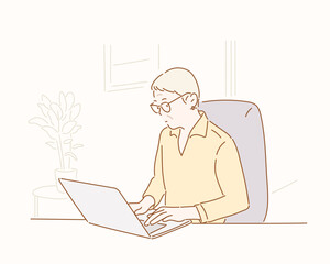 Wall Mural - elderly woman sitting at home, using laptop computer. hand drawn style vector design illustrations.