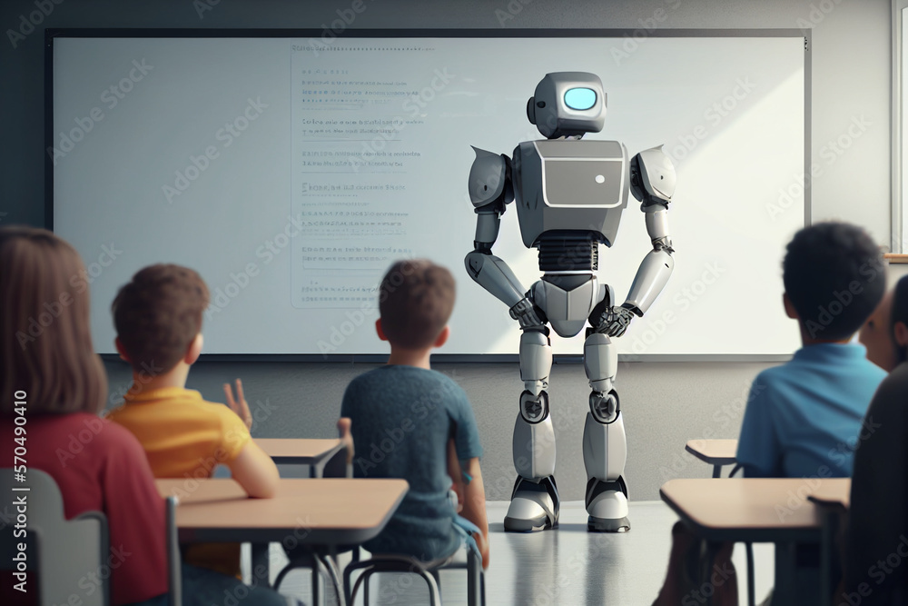AI artificial intelligence robot teaching people for school education educational in class room, generative AI.