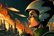 Retro Future 1960’s Style Image of a Space Woman Watching an Alien Invasion. Burning Science Fiction City Skyline. [Science Fiction Landscape. Graphic Novel, Video Game, Anime, Manga, or Comic]