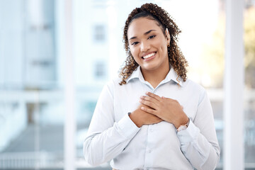 black woman, business and happy portrait with hands on chest for care, kindness and love for charity