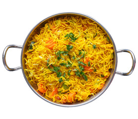 indian vegetable biryani in balti dish shot from topview and isolated