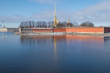 Sunny April day at the ancient Peter and Paul Fortress. Saint Petersburg