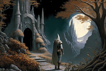Wall Mural - Fantasy Landscape Image of a Adventurer Knight Standing at the Gate of a Castle Looking Out at Another Fortress. [Sci-Fi, Fantasy, Historic, Horror Scene. Graphic Novel, Video Game, Anime, Comic]