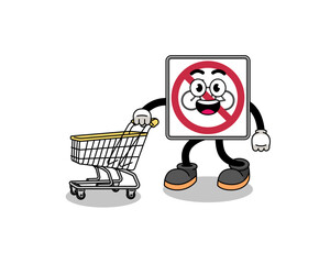 Poster - Cartoon of no bicycles road sign holding a shopping trolley