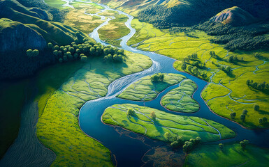 Sticker - Rivers winding through a green valley, illustration - Generative AI