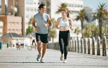 Canvas Print - Couple, running and training together in the city for exercise, workout or cardio routine in Cape Town. Happy man and woman runner in fitness, walk or jog for healthy wellness or exercising outside