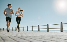 Couple, Fitness And Running By Beach On Mockup For Exercise, Workout Or Cardio Routine Together. Happy Man And Woman Runner Taking A Walk Or Jog For Healthy Wellness Or Exercising In Cape Town