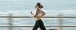 © Delcio/peopleimages.com - Woman, fitness and speed running by beach on mockup for exercise, workout or cardio routine. Active female runner in fast run, sprint or race by the ocean coast for healthy exercising or wellness