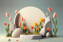3D Background With Rock Stones Granite And Pastels Tulips. Soft. Product Presentation. Luxury Mockup 3d Render Advertisement Copy Space Mockup. Mother Woman Day. Event Jewellery	