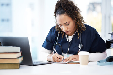 Sticker - Medical student, laptop or writing books in research education, wellness studying or hospital learning college. Thinking, nurse or healthcare woman with technology in scholarship medicine internship