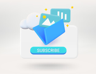Poster - Pop up window with Blue folder with galley and charts. Subscribe concept. 3d vector illustration