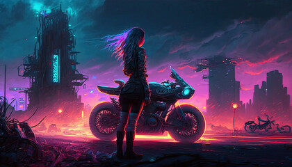 Wall Mural - Young girl - Biker on an Futuristic motorcycle. Night futuristic city in background. Neon urban future. Wallpaper in a cyberpunk style. Post-processed generative AI	
