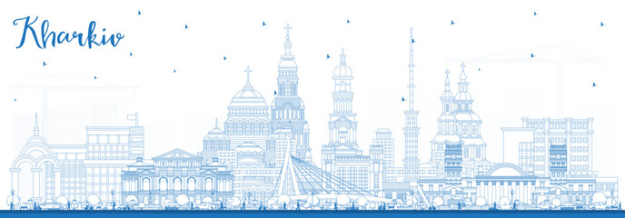 Fototapete - Outline Kharkiv Ukraine City Skyline with Blue Buildings. Vector Illustration. Kharkiv Cityscape with Landmarks.
