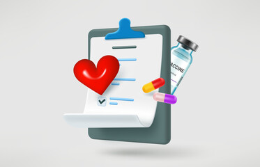 Poster - Medical report with anamnesys, heart, pills. Health care concept. 3d vector illustration
