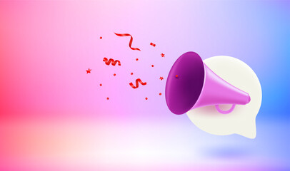 Announcement concept with loud speaker and confetti. Vector 3d banner with doodling