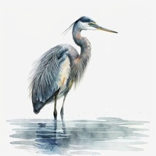 Minimalist Watercolor Illustration Of A Great Blue Heron In Water, Isolated On White, Made In Part With Generative AI