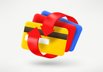 Poster - Stack of color plastic cards and arrows. Cashback concept. 3d vector illustration