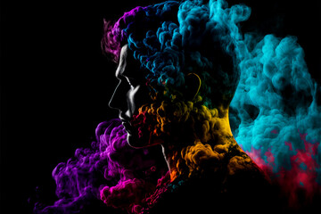 Wall Mural - Male portrait in abstract multi color paint explosion on black background. Paint clouds with person silhouette on black background, Generative AI