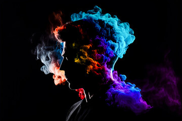 Wall Mural - Male portrait in abstract multi color paint explosion on black background. Paint clouds with person silhouette on black background, Generative AI