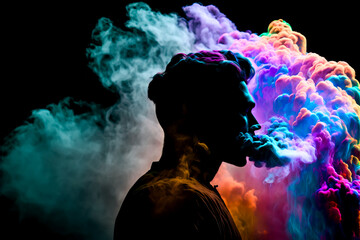 Wall Mural - Male silhouette in abstract multi color paint explosion on black background. Paint clouds with person silhouette on black background, Generative AI