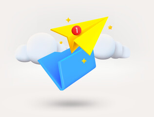 Poster - Blue folder with paper plane. New message concept. 3d vector illustration