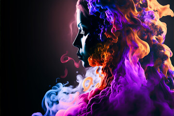 Wall Mural - Female portrait in abstract multi color paint explosion on black background. Paint clouds with person silhouette on black background, Generative AI
