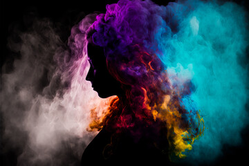 Wall Mural - Female silhouette in abstract multi color paint explosion on black background. Paint clouds with person silhouette on black background, Generative AI