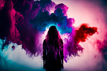 Wall Mural - Female silhouette in abstract multi color paint explosion on black background. Paint clouds with person silhouette on black background, Generative AI