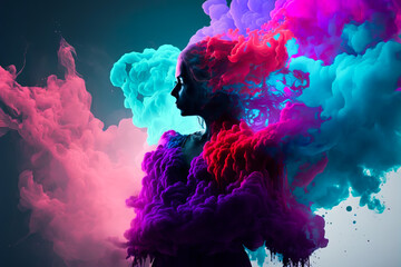 Wall Mural - Female portrait in abstract multi color paint explosion on black background. Paint clouds with person silhouette on black background, Generative AI