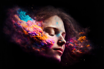 Wall Mural - Female with closed eyes portrait in abstract multi color paint explosion on black background. Paint clouds with person silhouette on black background, Generative AI