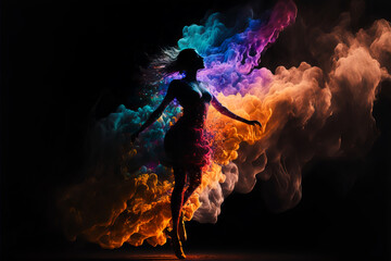 Wall Mural - Female dance in abstract multi color paint explosion on black background. Freeze motion female jump through paint splash. Paint clouds with person silhouette on black background, Generative AI.