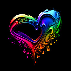 Wall Mural - Heart shaped multi color paint explosion on black background. Paint clouds in form of heart symbol on black background. Colorful paint Valentine's Day heart texture. Generative AI colorfull fume heart