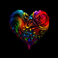 Wall Mural - Heart shaped multi color paint explosion on black background. Paint clouds in form of heart symbol on black background. Colorful paint Valentine's Day heart texture. Generative AI colorfull fume heart